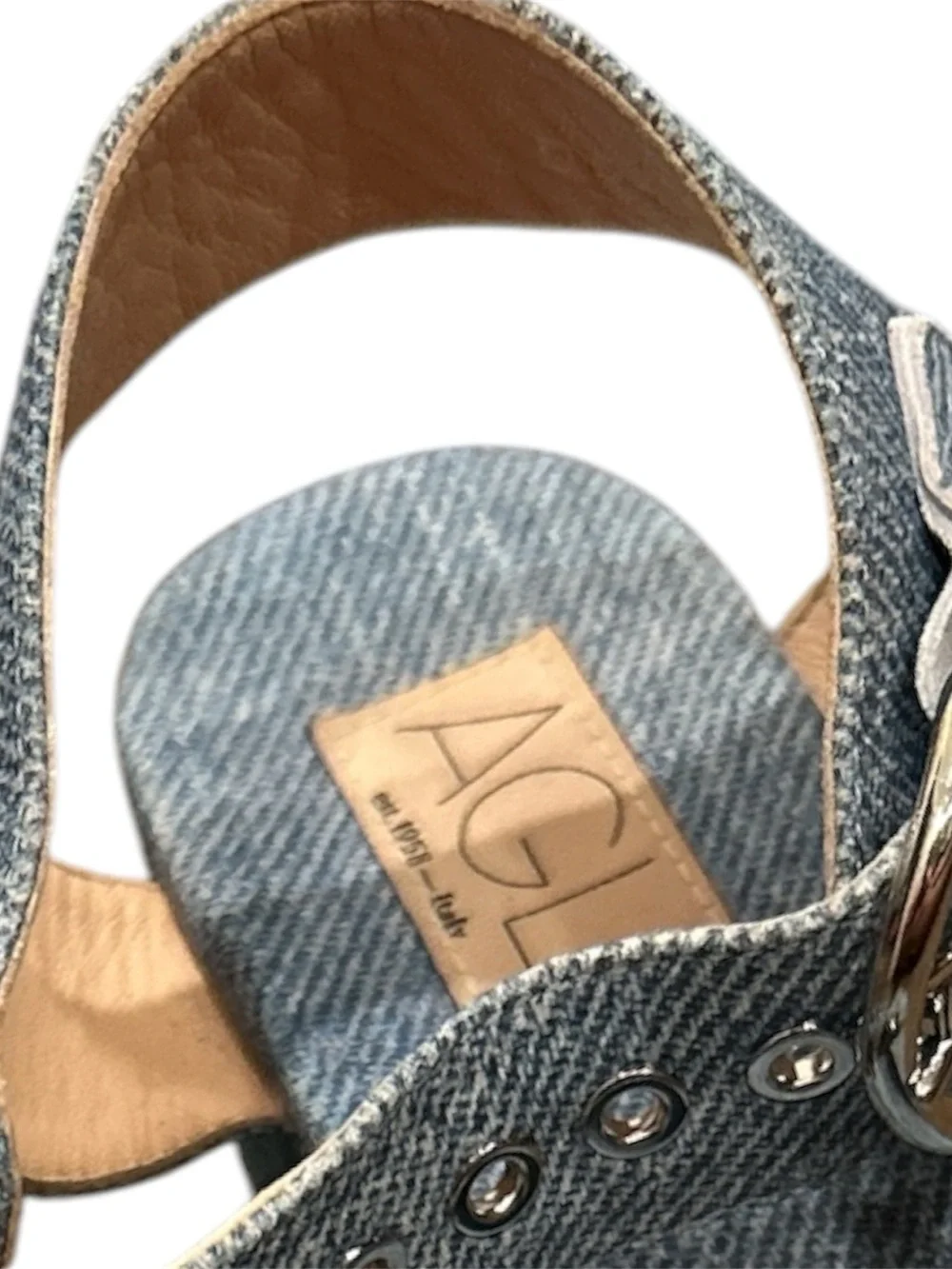 AGL Sista Denim Covered Block Heeled Sandals Size 39 US 8.5 in Blue Jeans Y2K